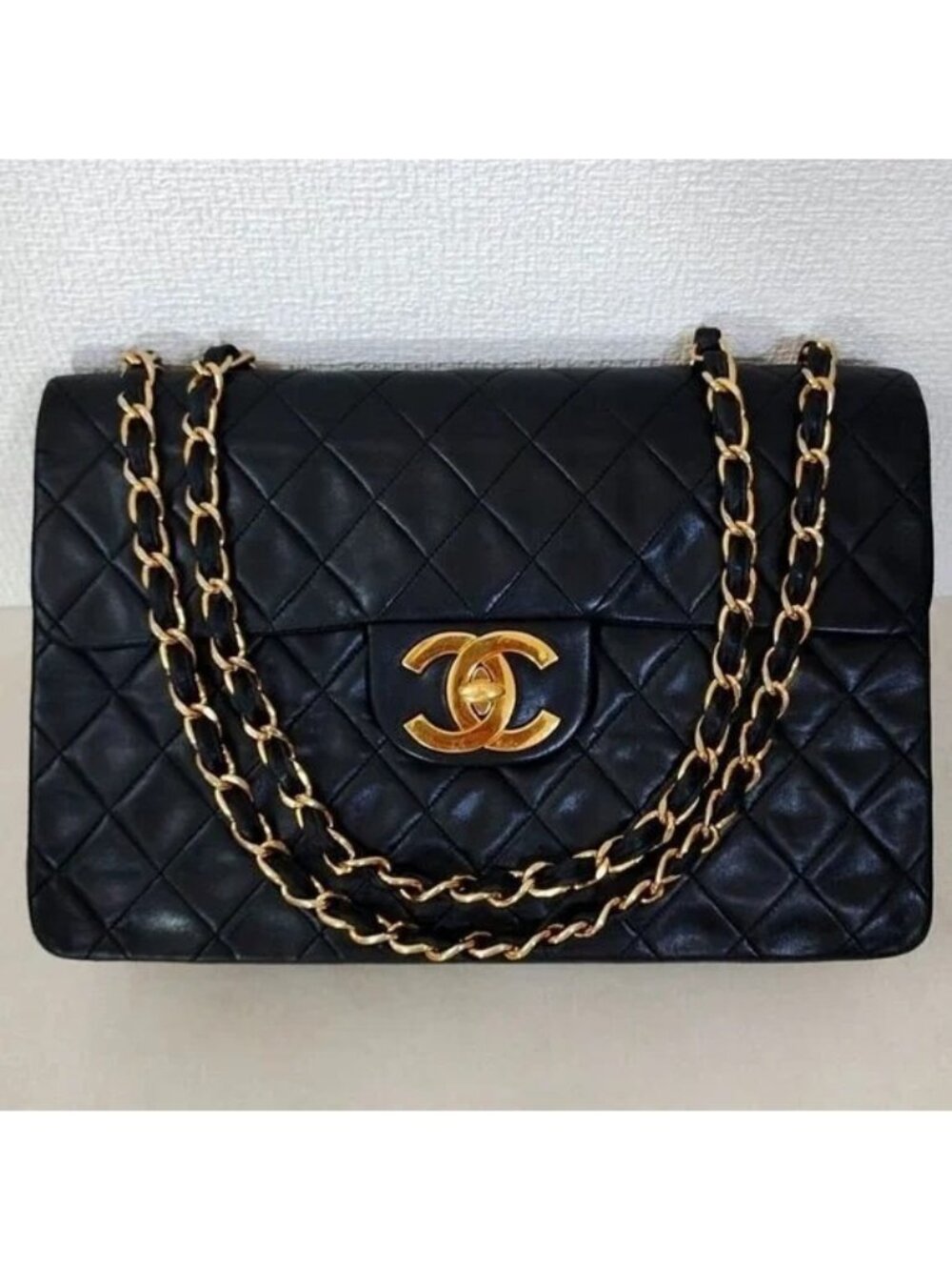 Authentic CHANEL Jumbo Maxi XL 24K Gold Flap Bag Lambskin Chain Shoulder Black